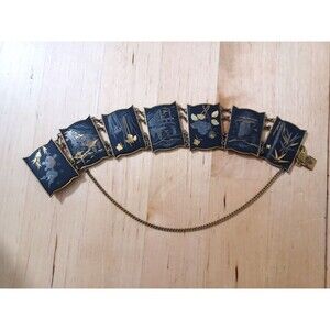 VTG Japanese Shakudo Damascene  Pagoda Asian Scenes Panel Bracelet